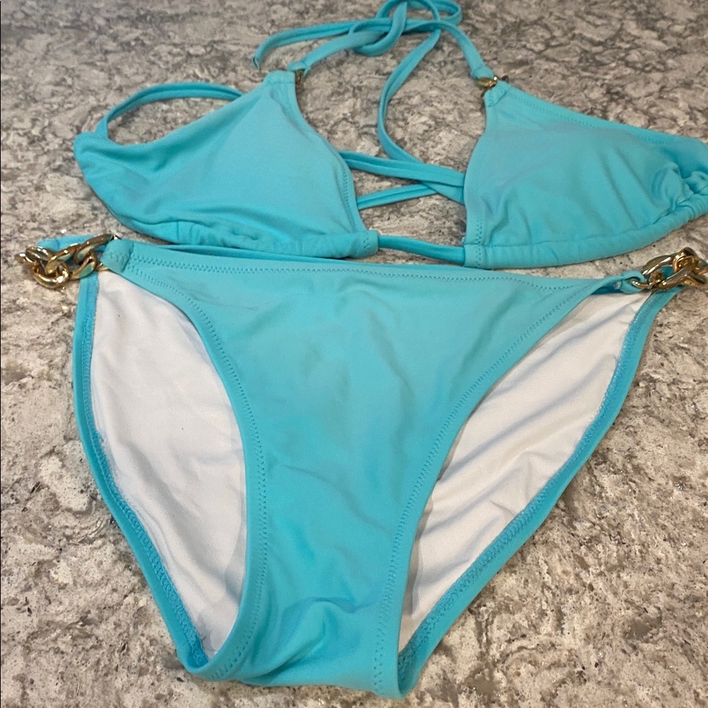 Turquoise Bikini with Gold Chain Accents L